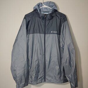 Columbia Hooded Rain Jacket Size L Colorblock Light and Dark Grey